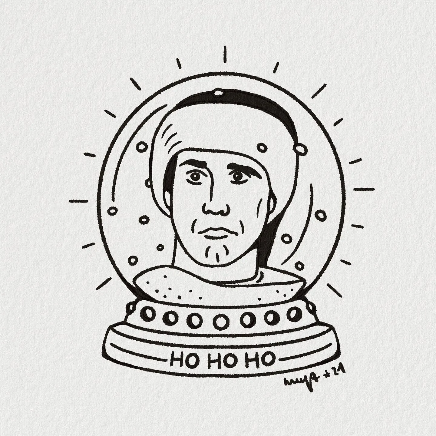 Portret astronauty w kuli śnieżnej z grubym konturem — tatuaż, Wujek Darek, Warszawa, Polska