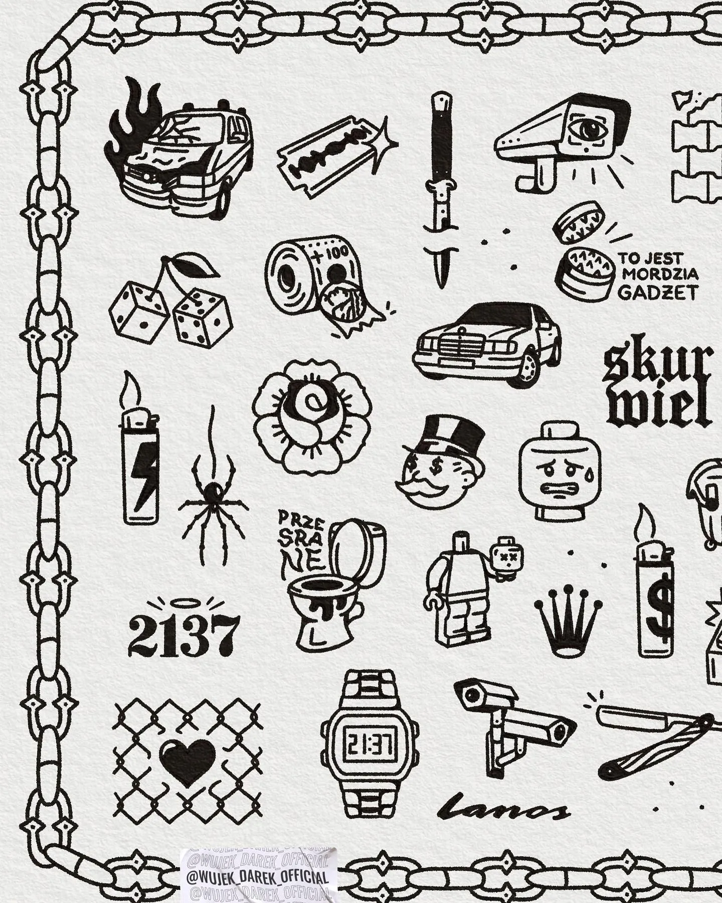 Kolekcja tatuażu: gruby kontur, lettering i ultragruby kontur — tatuaż, Wujek Darek, Warszawa, Polska