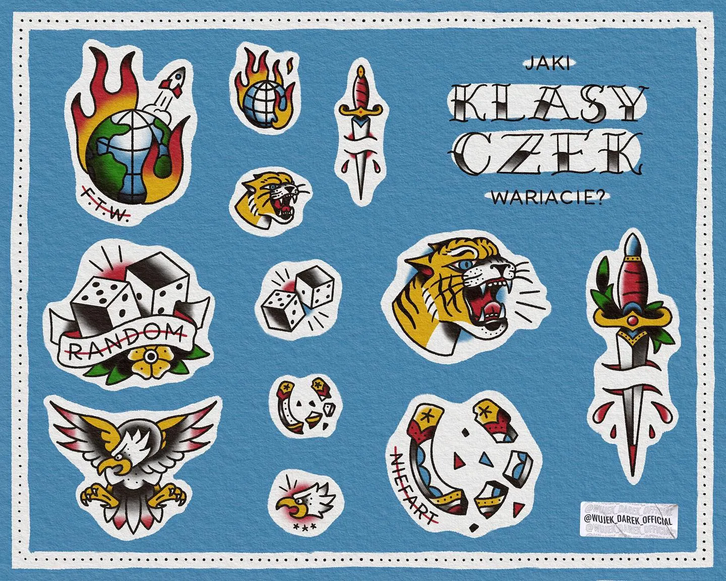 Kolekcja tatuaży old school z grubym konturem: globy, tygrys, noże i litery — tatuaż, Wujek Darek, Warszawa, Polska
