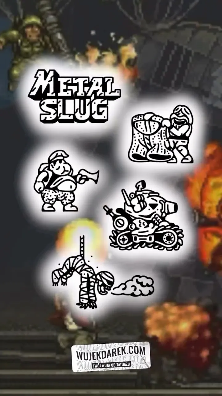 Metal Slug tatuaż z grubym konturem – postacie i maszyny — tatuaż, Wujek Darek, Warszawa, Polska